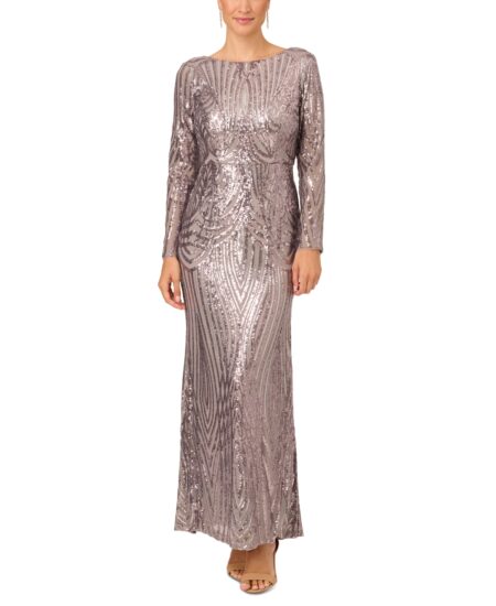  Women's Sequined Long-Sleeve Gown Stone