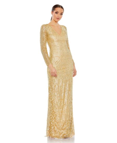 Women's Sequined Long Sleeve V Neck Beaded Fringe Gown Gold