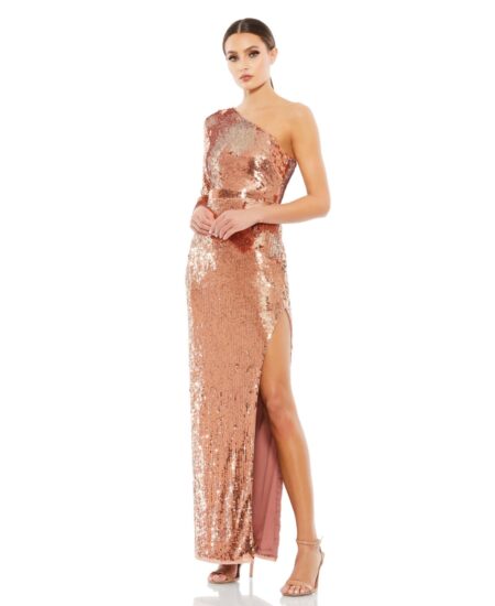 Women's Sequined One Sleeve Column Gown Copper