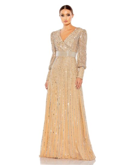 Women's Sequined Wrap Over Bishop Sleeve Gown Nude/silver
