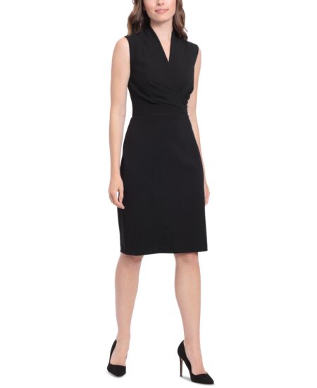  Women's Sleeveless Shoulder-Pleat Sheath Dress Black