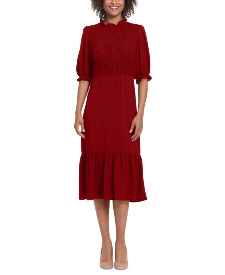  Women's Smocked-Bodice Tiered Midi Dress Red