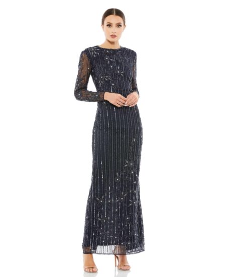  Women's Women's Embellished High Neck Illusion Long Sleeve Gown Midnight