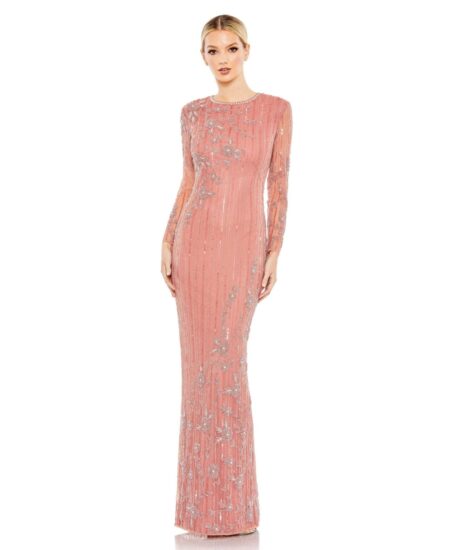  Women's Women's Embellished High Neck Illusion Long Sleeve Gown Rose
