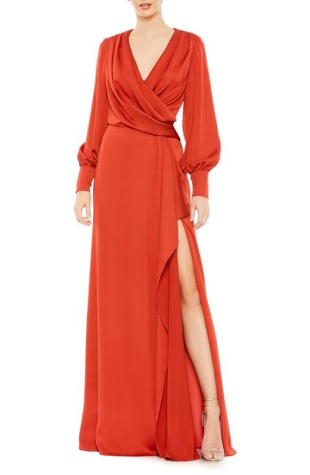  Wrap Front Long Sleeve Satin A-Line Gown in Brick at Nordstrom   