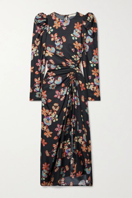   Amalie Ruched Floral-print Silk-twill Midi Dress Black