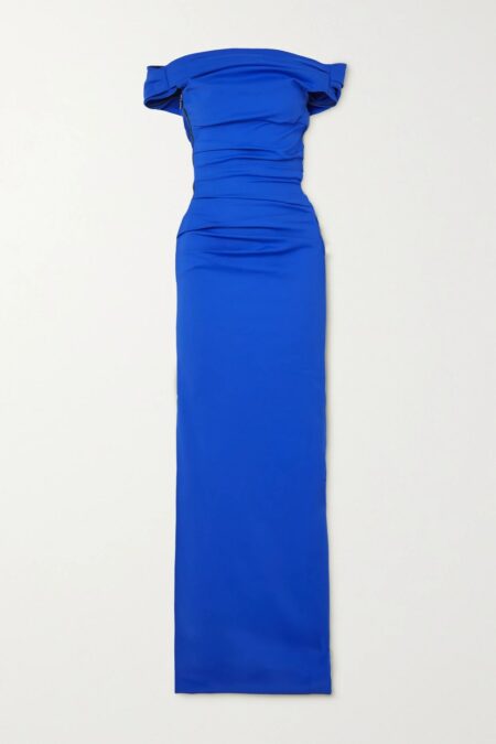   Assertion Off-the-shoulder Ruched Stretch-crepe Gown Blue