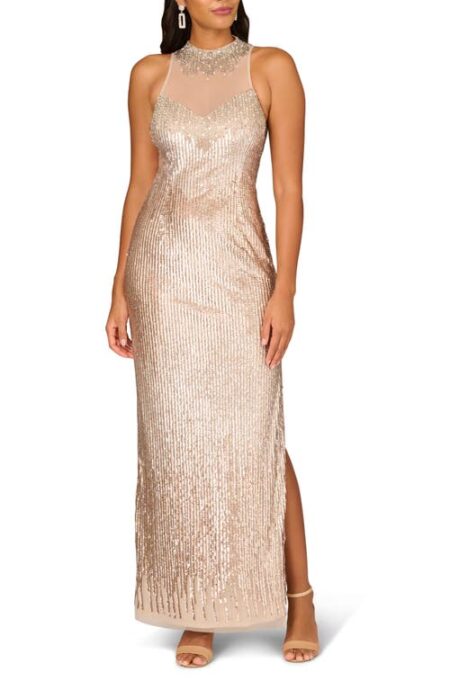  Bead & Sequin Illusion Neck Column Gown in Champagne at Nordstrom   