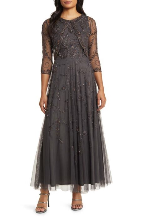  Beaded Mesh Gown with Jacket in Ash at Nordstrom   