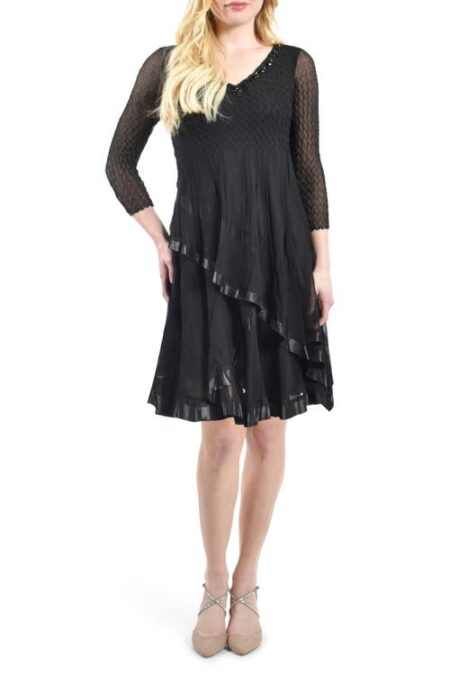  Beaded V-Neck Tiered Charmeuse Cocktail Dress in Black at Nordstrom   