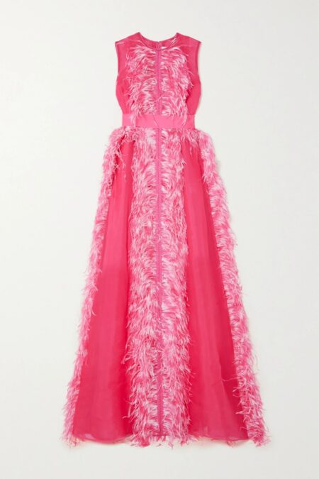   Beau Feather And Grosgrain-trimmed Silk-organza Gown Pink