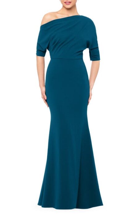 Betsy & Adam One-Shoulder Crepe Scuba Trumpet Gown in Azure at Nordstrom   