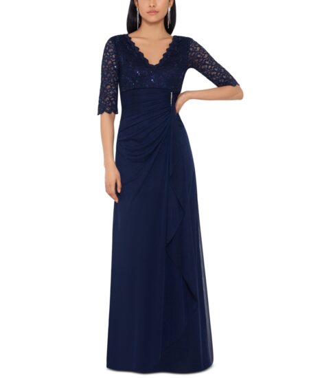 Betsy & Adam Women's Lace-Top Waterfall-Detail Gown Navy Blue