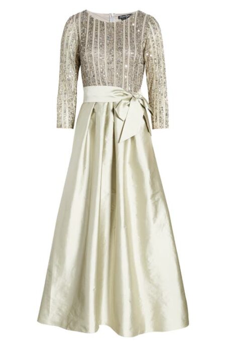  Bow Long Sleeve Sequin & Taffeta Gown in Silver at Nordstrom   