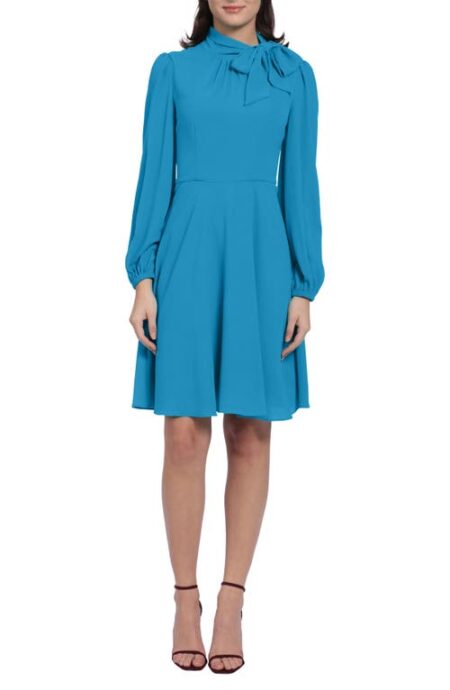  Catalina Tie Neck Long Sleeve Fit & Flare Crepe Dress in Brilliant Blue at Nordstrom   