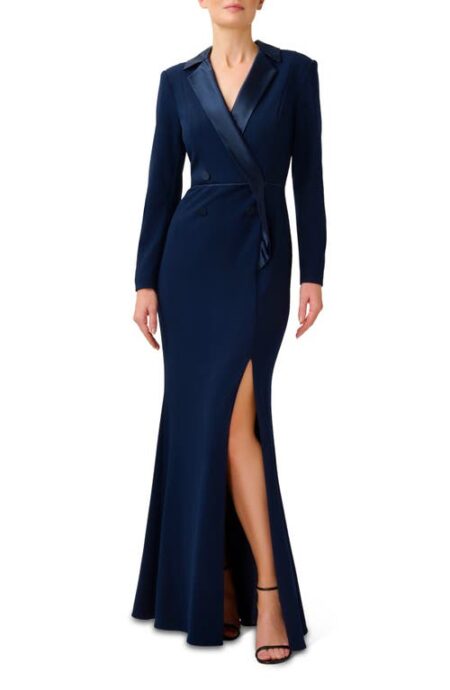  Crepe Long Sleeve Tuxedo Trumpet Gown in Midnight at Nordstrom   