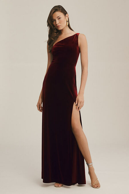 Cybill One-Shoulder Side-Slit Stretch Velvet Gown