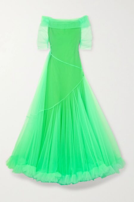   Dexa Off-the-shoulder Ruffled Neon Tulle Gown Green