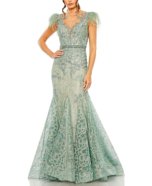  Embellished Feather Cap Sleeve Illusion Neck Trumpet Gown
