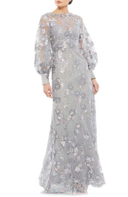  Embellished Illusion Neck Long Sleeve Gown in Platinum at Nordstrom   