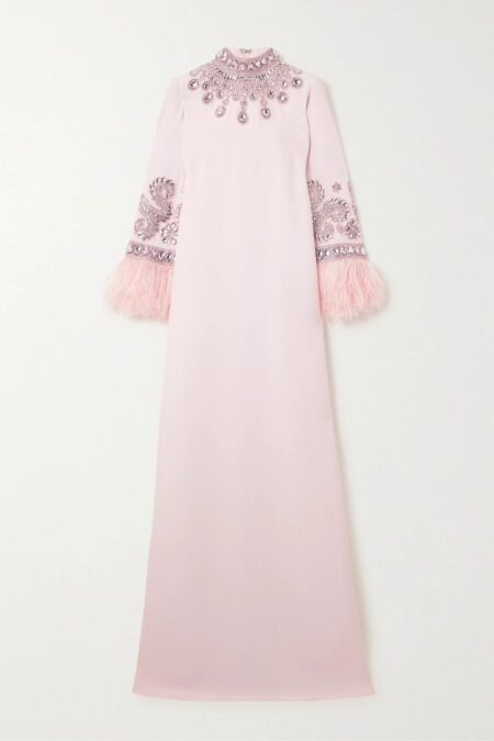   Feather-trimmed Crystal-embellished Crepe Turtleneck Gown Pink
