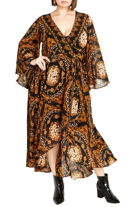  Freya Placement Belted Long Sleeve Maxi Wrap Dress in Ancient Art at Nordstrom