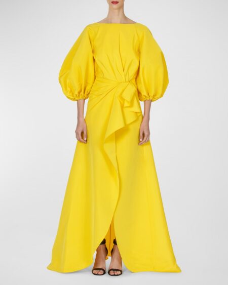 High-Neck Puff-Sleeve Draped Sarong Gown