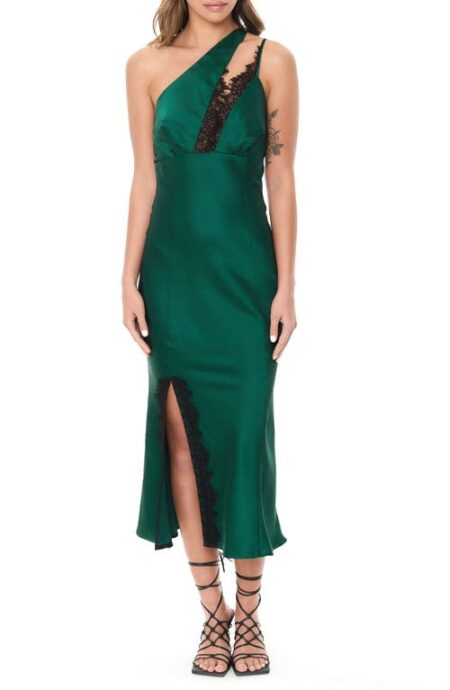  Lace Trim One-Shoulder Satin Cocktail Dress in Emerald at Nordstrom  Medium