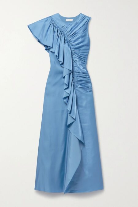   Lali Ruched Ruffled Metallic Chiffon Gown Blue