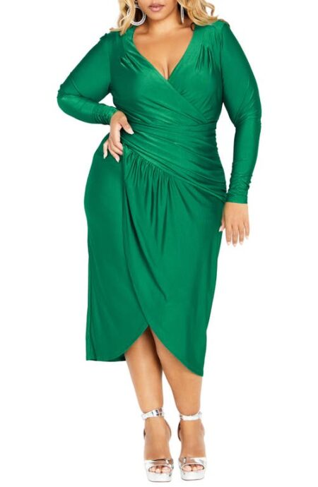 Marissa Ruched Long Sleeve Midi Dress in Greenstone at Nordstrom