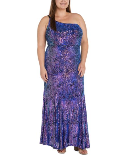 Morgan & Company Trendy Plus  Sequined One-Shoulder Gown Black/Purlpe