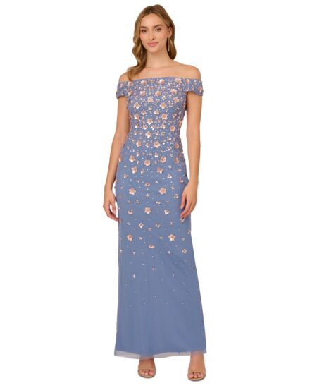  Off-The-Shoulder -d Beaded Gown French Blue Coral