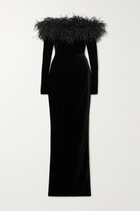   Off-the-shoulder Feather-trimmed Stretch-velvet Gown Black