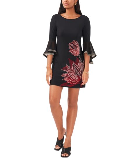  Petite Floral Bell-Sleeve A-Line Dress Black/red