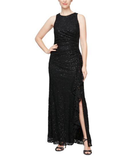  Petite Lace Side-Ruffle Gown Black