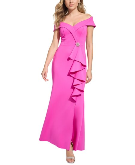  Petite Off-The-Shoulder Side-Ruffle Gown Fuchsia