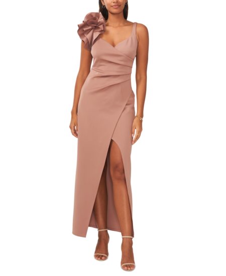  Petite Rosette-Shoulder Side-Pleated High-Slit Gown Acorn Chesnut