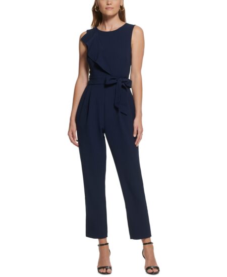  Petite Ruffled Belted Jumpsuit Navy