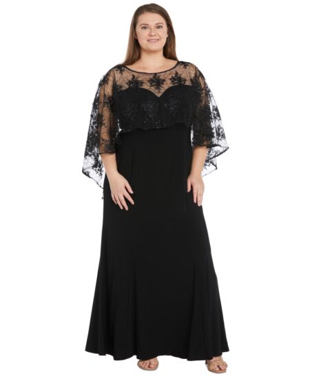 R & M Richards Plus  Embroidered-Capelet Gown Black/Taup