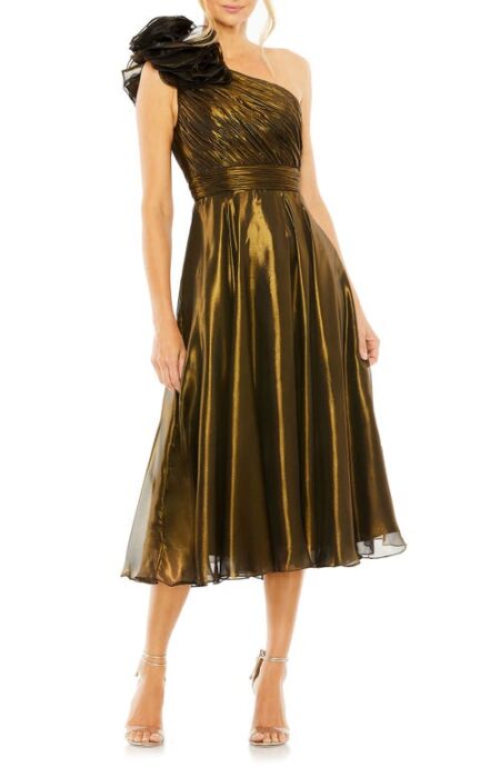  Rosette One-Shoulder Iridescent A-Line Dress in Antique Gold at Nordstrom   
