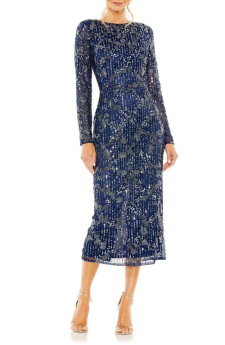  Sequin Beaded Long Sleeve Cocktail Midi Dress in Midnight at Nordstrom   