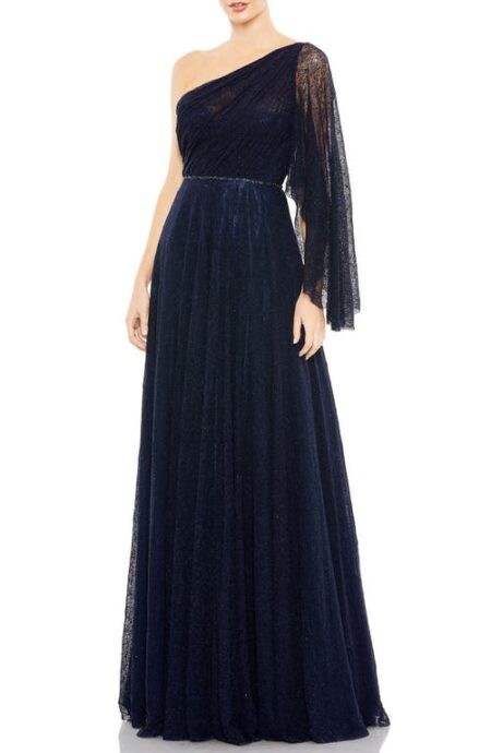  Sequin Cape Sleeve One-Shoulder Gown in Navy at Nordstrom   