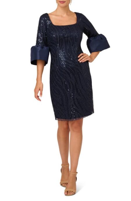  Sequin Lace & Taffeta Bell Cuff Cocktail Dress in Midnight at Nordstrom   