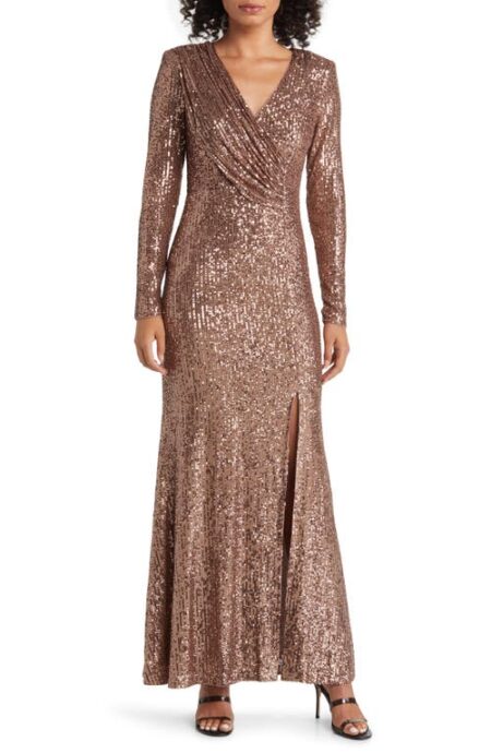  Sequin Long Sleeve Gown in Taupe at Nordstrom   