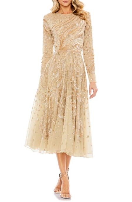  Sequin Long Sleeve Illusion Lace A-Line Dress in Latte at Nordstrom   