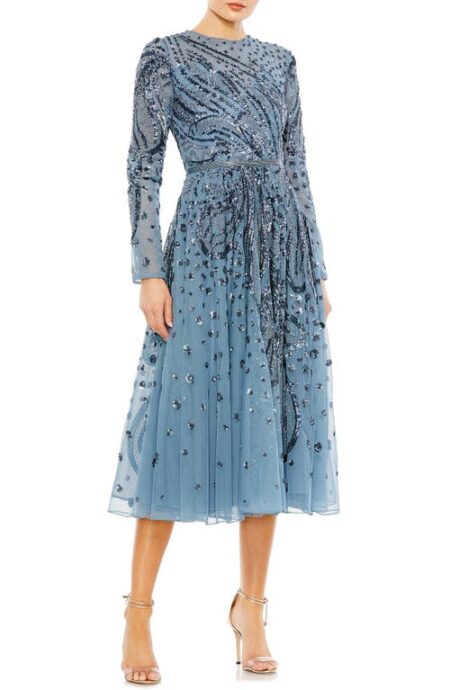  Sequin Long Sleeve Illusion Lace A-Line Dress in Slate Blue at Nordstrom   
