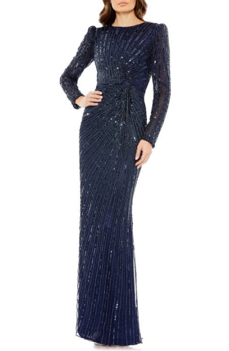  Sequin Stripe Long Sleeve Sheath Gown in Navy at Nordstrom   