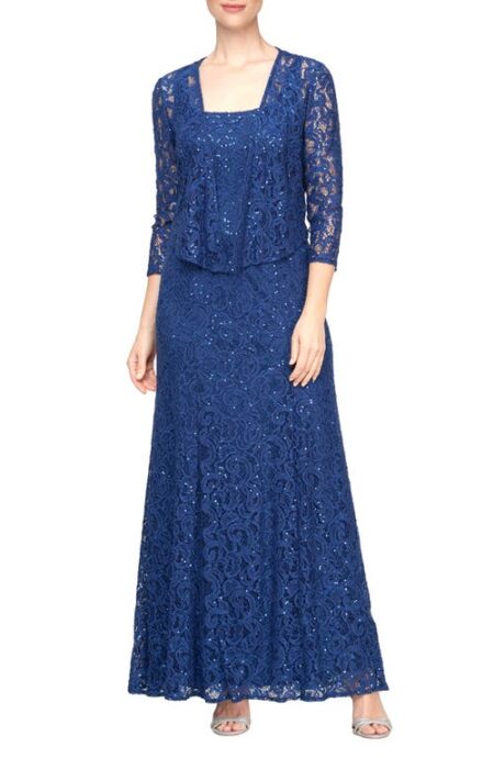  Two-Piece Sequin Lace Gown & Jacket in Royal at Nordstrom   