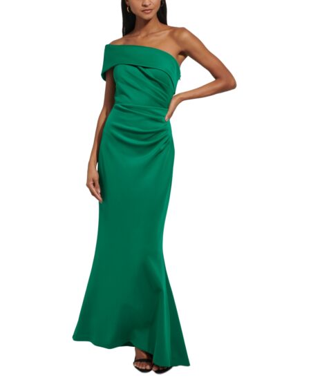  Women's Asymmetric-Neck Side-Pleat Scuba Gown Green