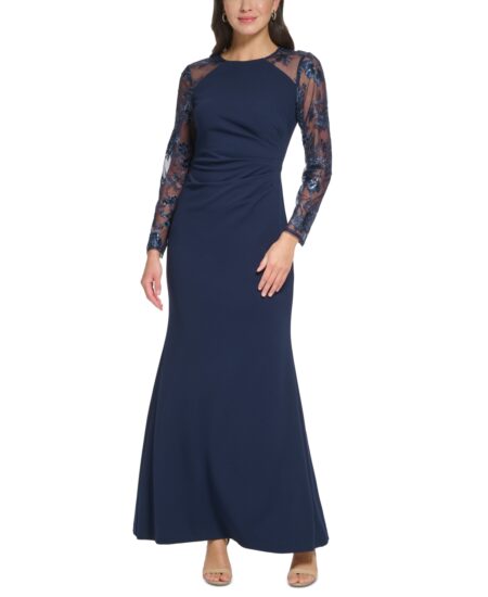  Women's Embellished Combo Side-Ruched Gown Navy